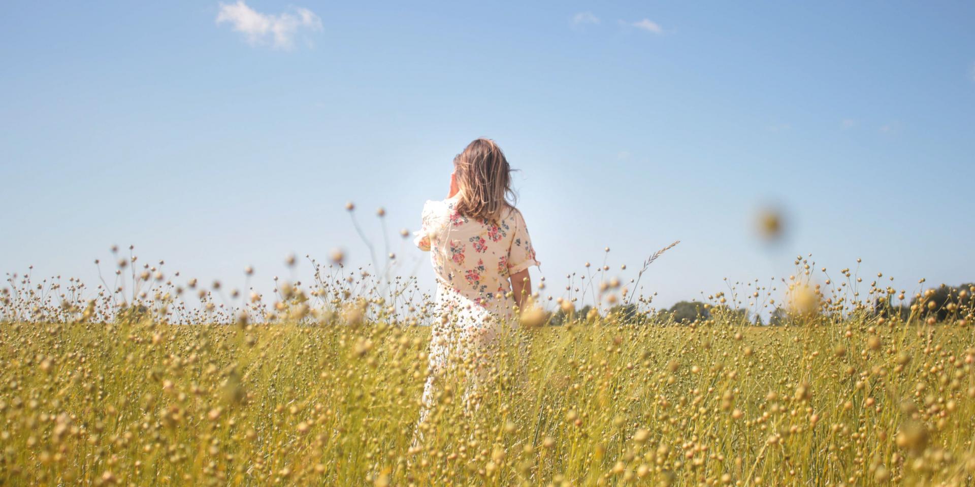 Jeune femme de dos dans un champ de lin en bourgeon