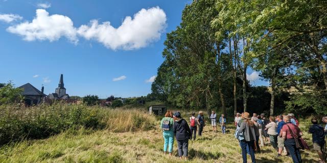 Un groupe d'environ 25 personnes écoute un guide sur la motte castrale de Saint-Martin-le-Gaillard au cours d'une visite sous le ciel bleu