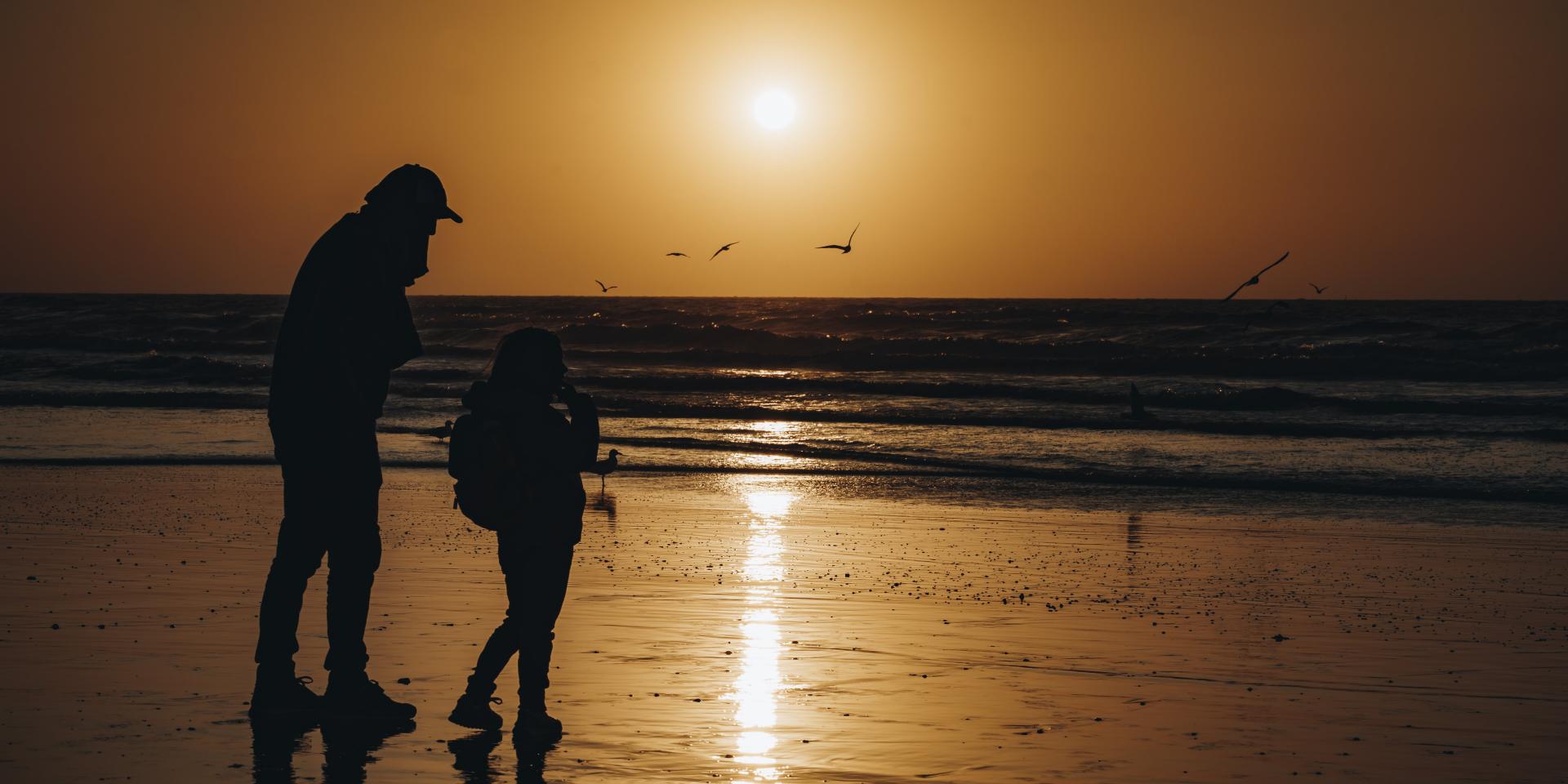 Un père et sa fille au coucher du soleil sur la plage de Dieppe, observant les oiseaux marins