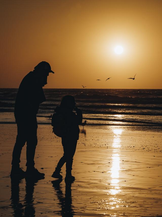 Un père et sa fille au coucher du soleil sur la plage de Dieppe, observant les oiseaux marins