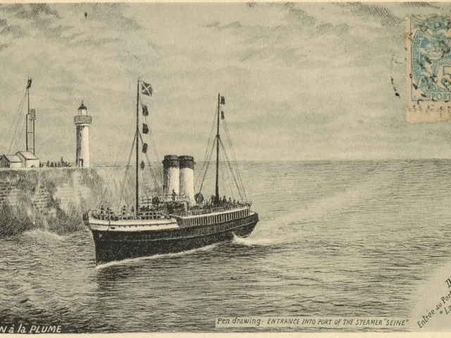 Dieppe Entree Au Port Du Steamer La Seine Pen Drawing Postcard Etat Du Navire A La Fin Du Xixe Siecle